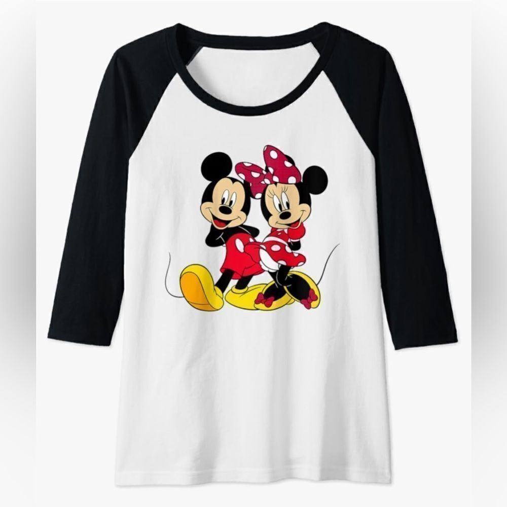 Disney Women’s Mickey & Minnie Mouse Black White Raglan Baseball Graphic Tee L